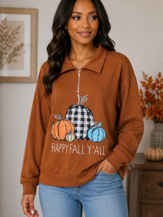 None Tops - Happy Fall, Y'all Pumpkin 3/4 Zip Sweatshirt 2XL - NWOT